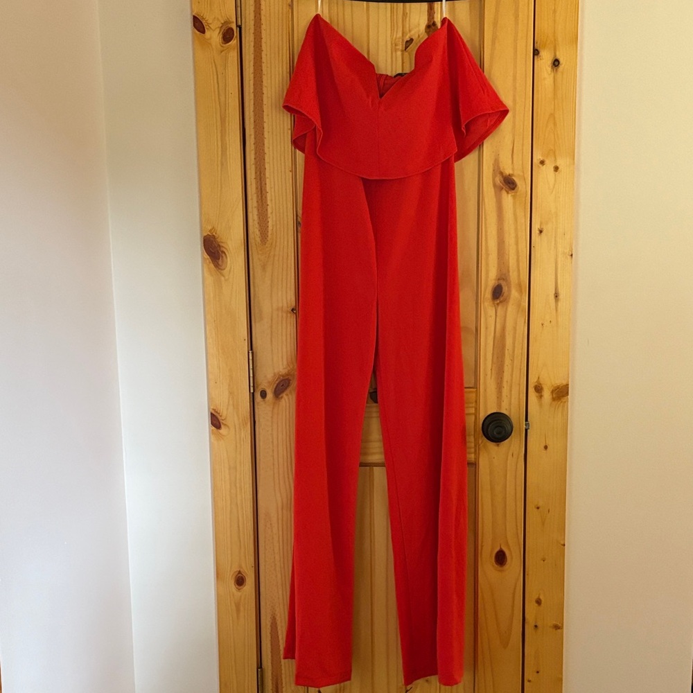 Lulu's Vibrant Red Off-Shoulder Jumpsuit